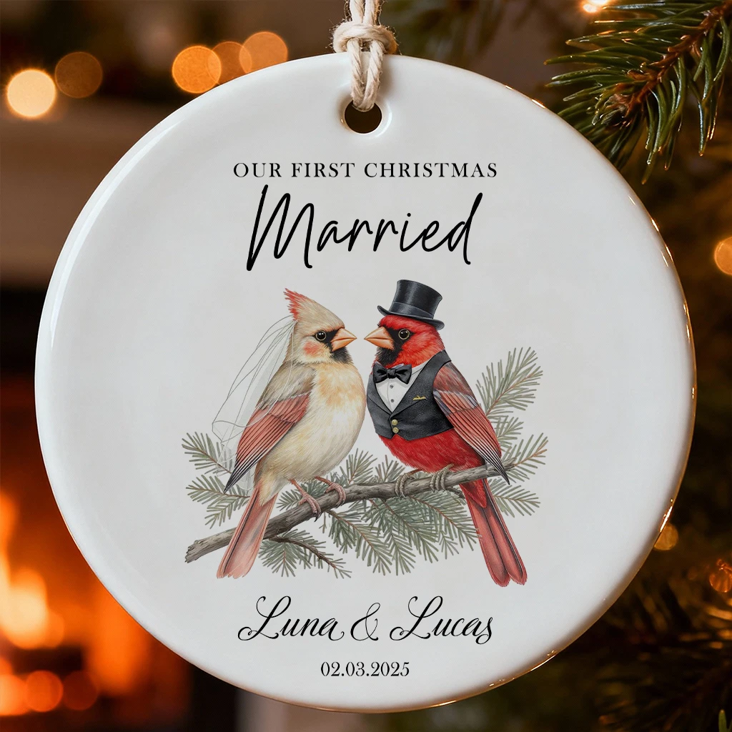 First Christmas Married Lovebirds Ornament | Personalized Couple Gift | Romantic Watercolor Keepsake 2025