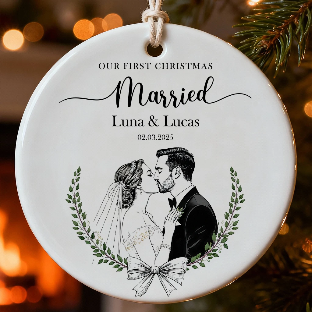 Custom First Christmas Married Mistletoe Ornament | Personalized Couple Gift | Romantic Watercolor Keepsake