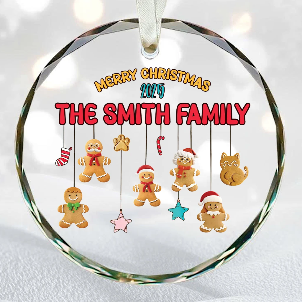 Gingerbread Cookie Family Ornament – Custom Engraved Glass/Acrylic Christmas Decor