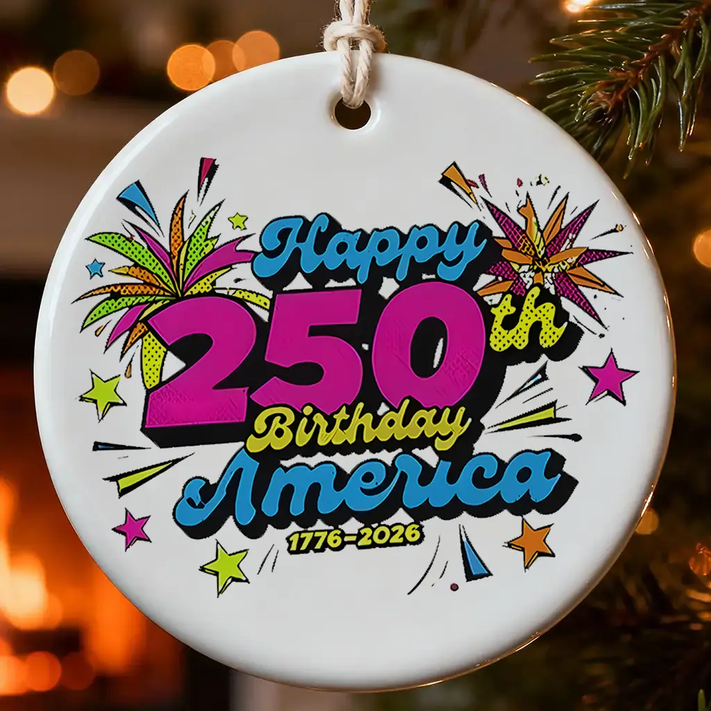 Happy 250th Birthday America Ornament (1776-2026) | Modern Pop Art Ceramic Keepsake | USA Semiquincentennial Party Decor
