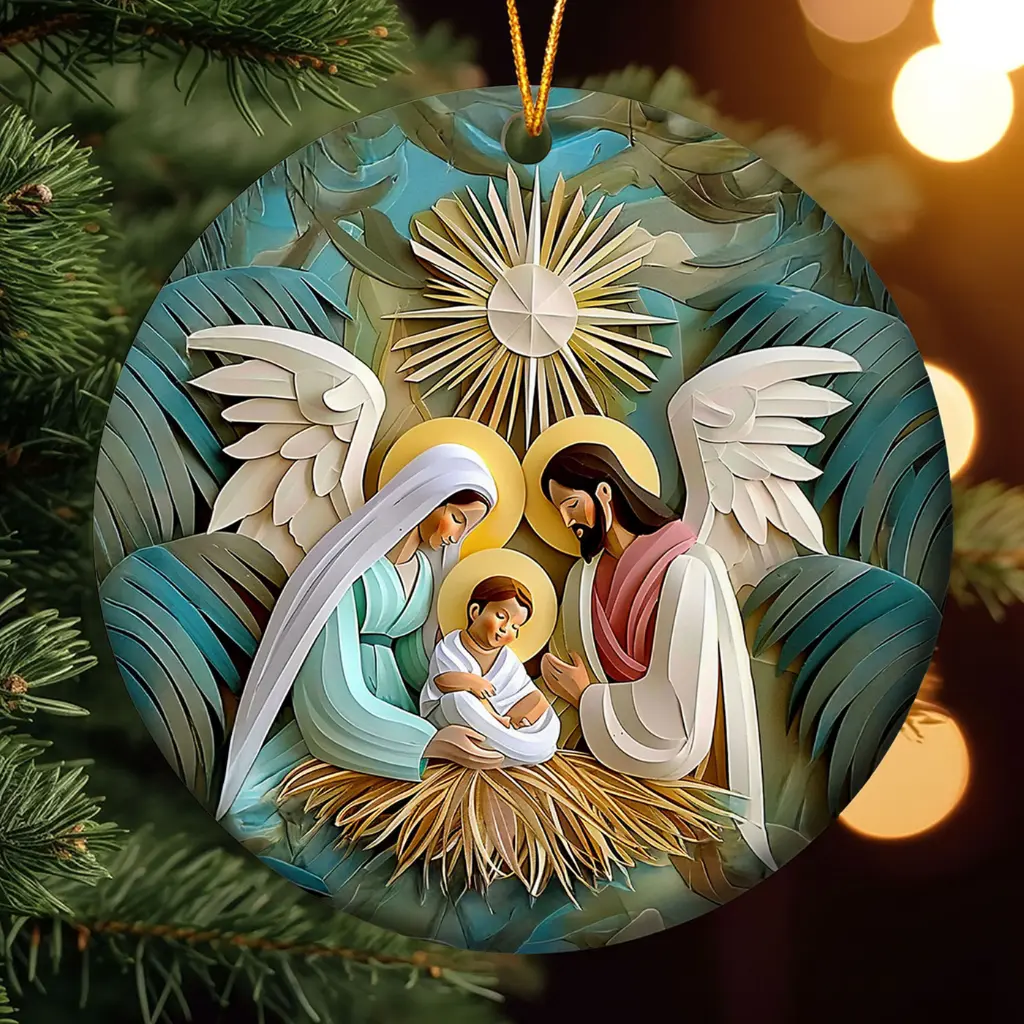 Holy Family Nativity Scene Christmas Ornament | Ceramic Christian Religious Holiday Decor