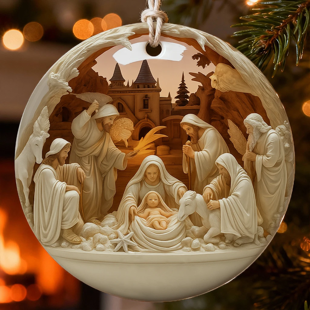 Intricate Nativity Diorama Ceramic Ornament | Elegant Religious Christmas Decoration Depicting the Birth of Jesus Christ