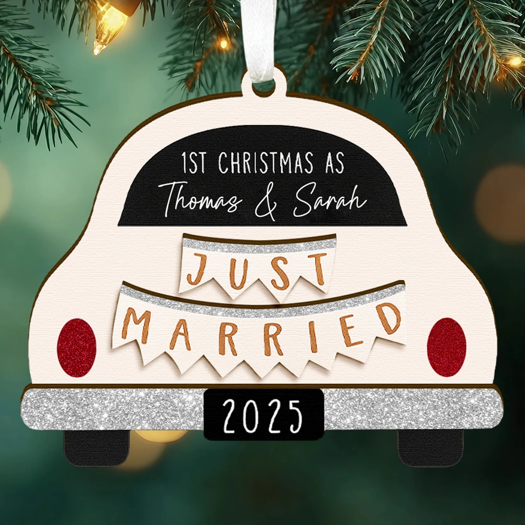 Just Married Car Ornament 2025 | Personalized Layered Wood First Christmas Keepsake | Custom Name Wedding Car Ornament