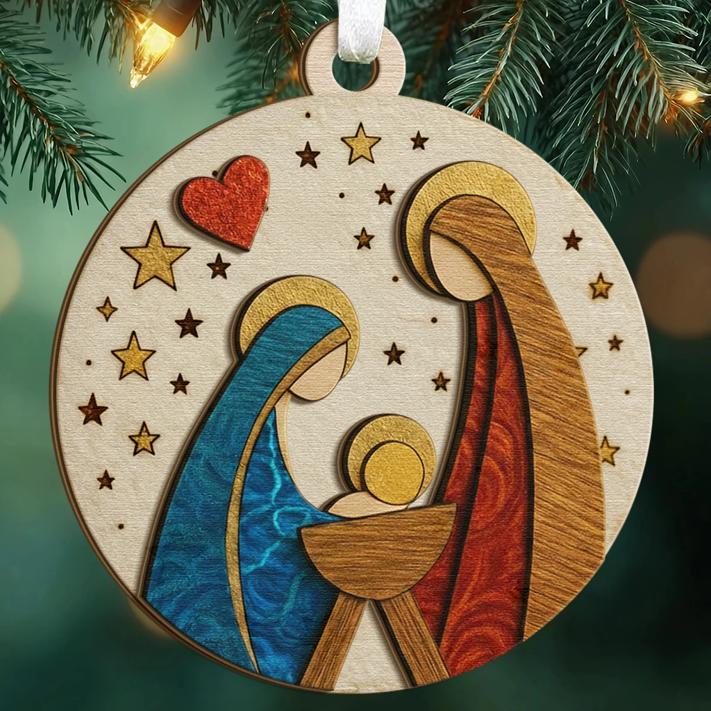 Layered Wood Nativity Scene Ornament | Artistic Handmade Christian Keepsake Honoring Faith, Family, and the Spirit of Christmas