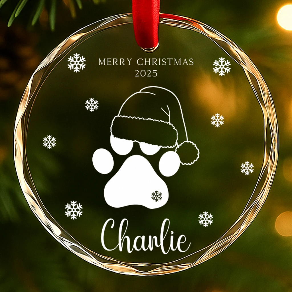 Luxury Faceted Cat Paw Ornament | Personalized Clear Glass Pet Christmas Gift