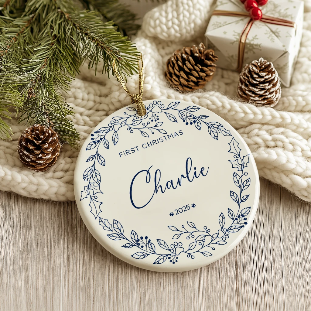 Minimalist Dog First Christmas Ceramic Ornament