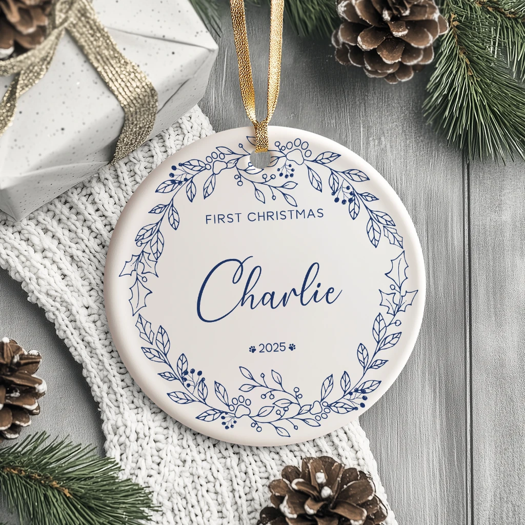 Minimalist Dog First Christmas Ceramic Ornament