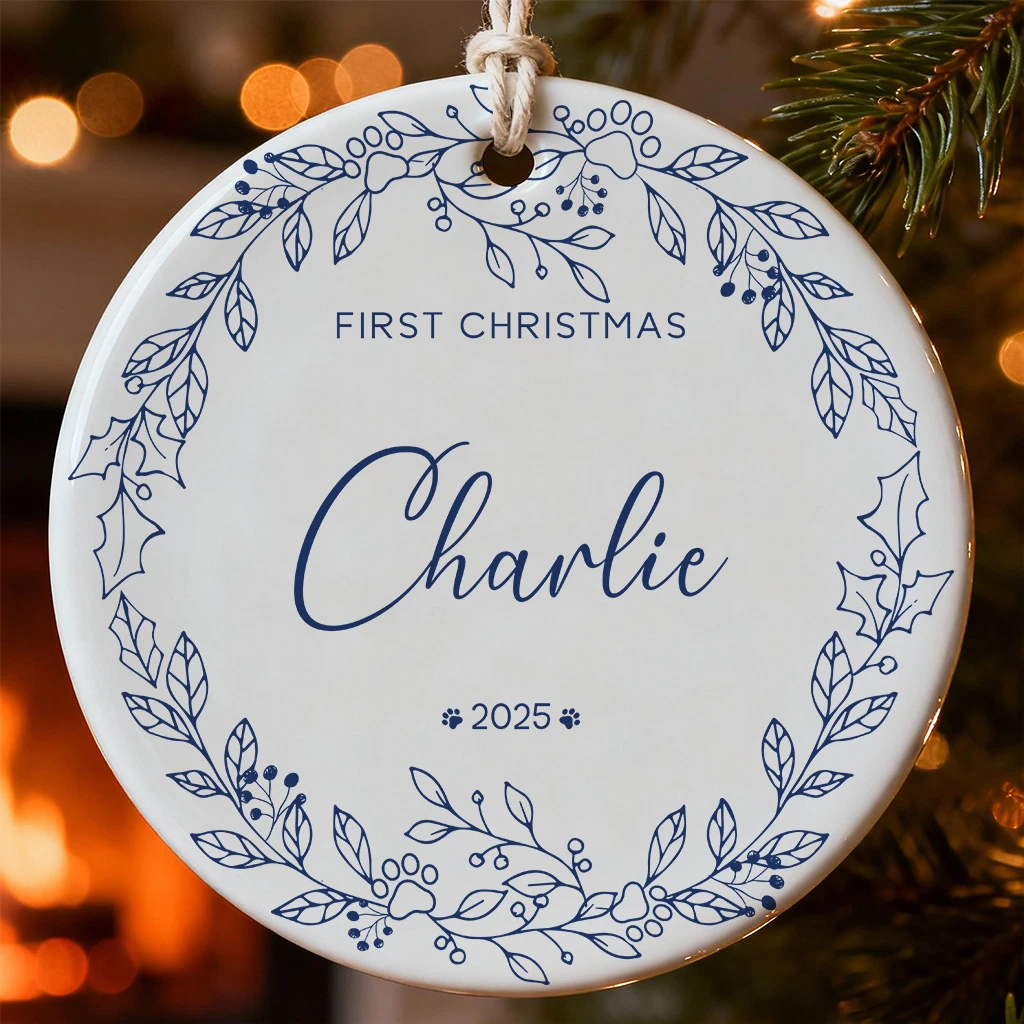 Minimalist Dog First Christmas Ceramic Ornament | Pet Portrait Gift | Christmas Gift Idea