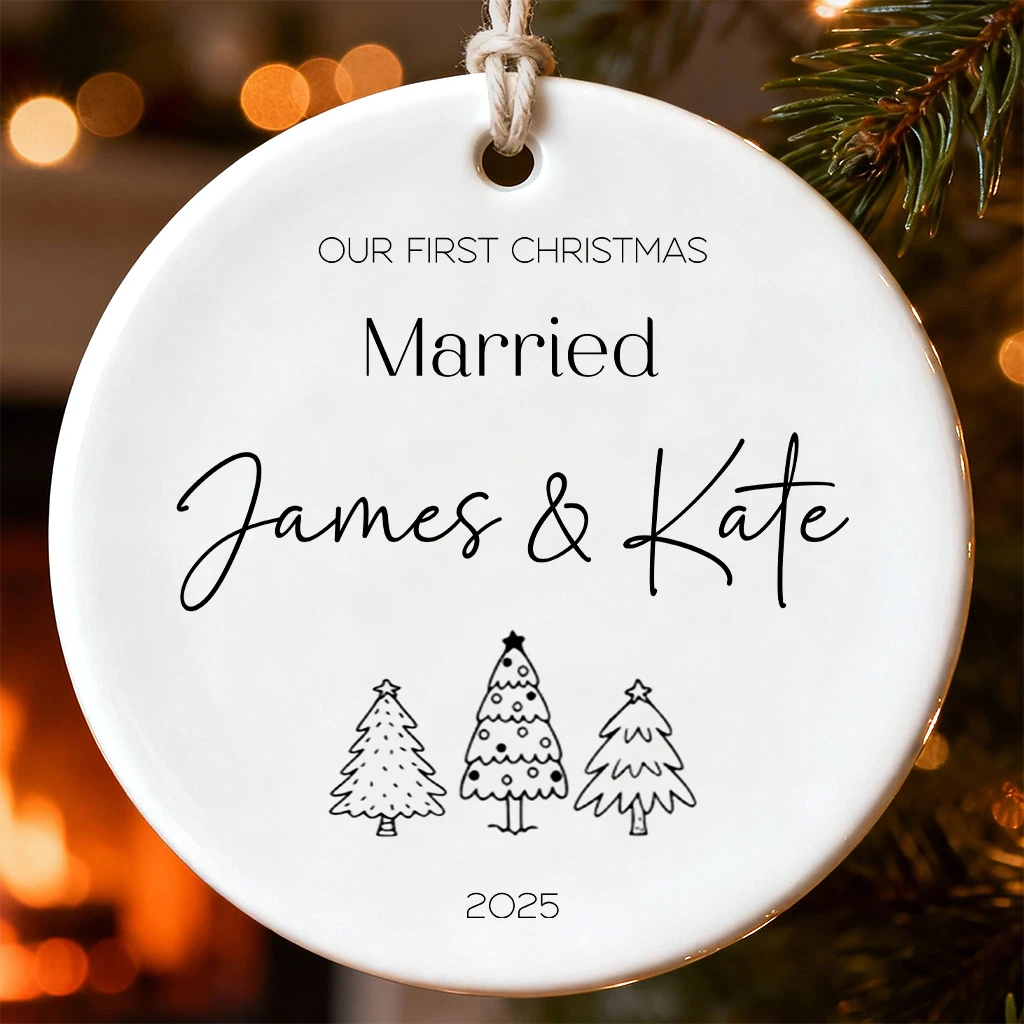 Modern Script First Christmas Ornament | Custom Name & Year Ceramic Decor | Simple Wedding Gift for Couple