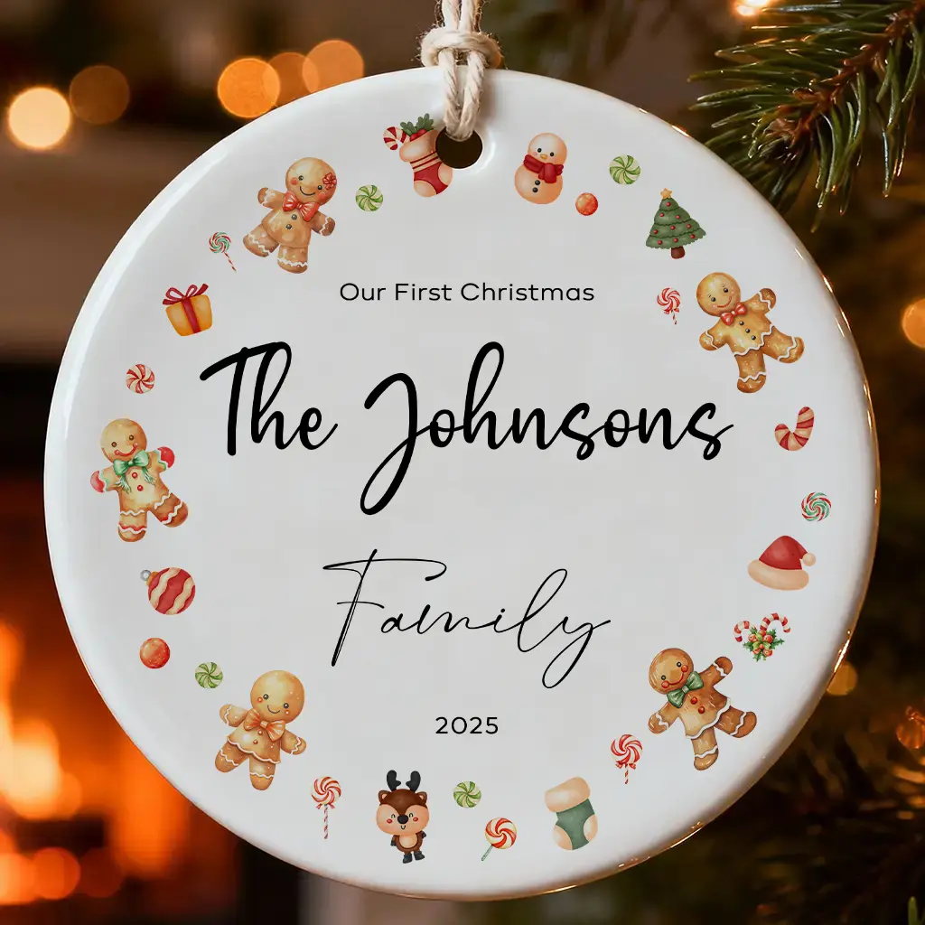 Our First Christmas 2025 Ornament | Personalized Family Name Gingerbread Ornament | Newlywed First Christmas Gift