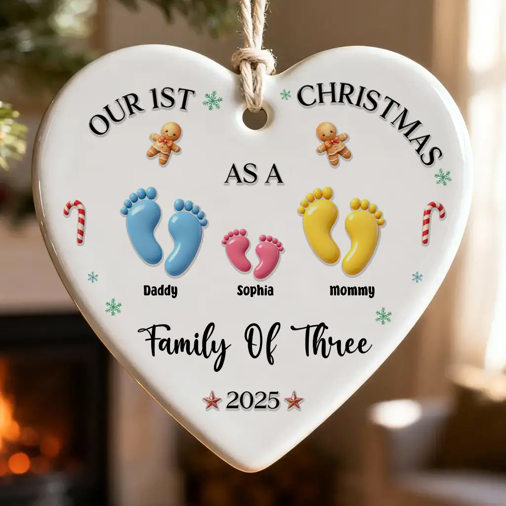 Our First Christmas Heart Ornament, Custom Baby Feet Names Date, Unique New Family Gift