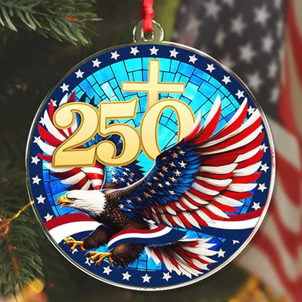 Patriotic Eagle Cross Ornament 250th Anniversary | Christian USA Bicentennial Collectible | American Flag Religious Keepsake