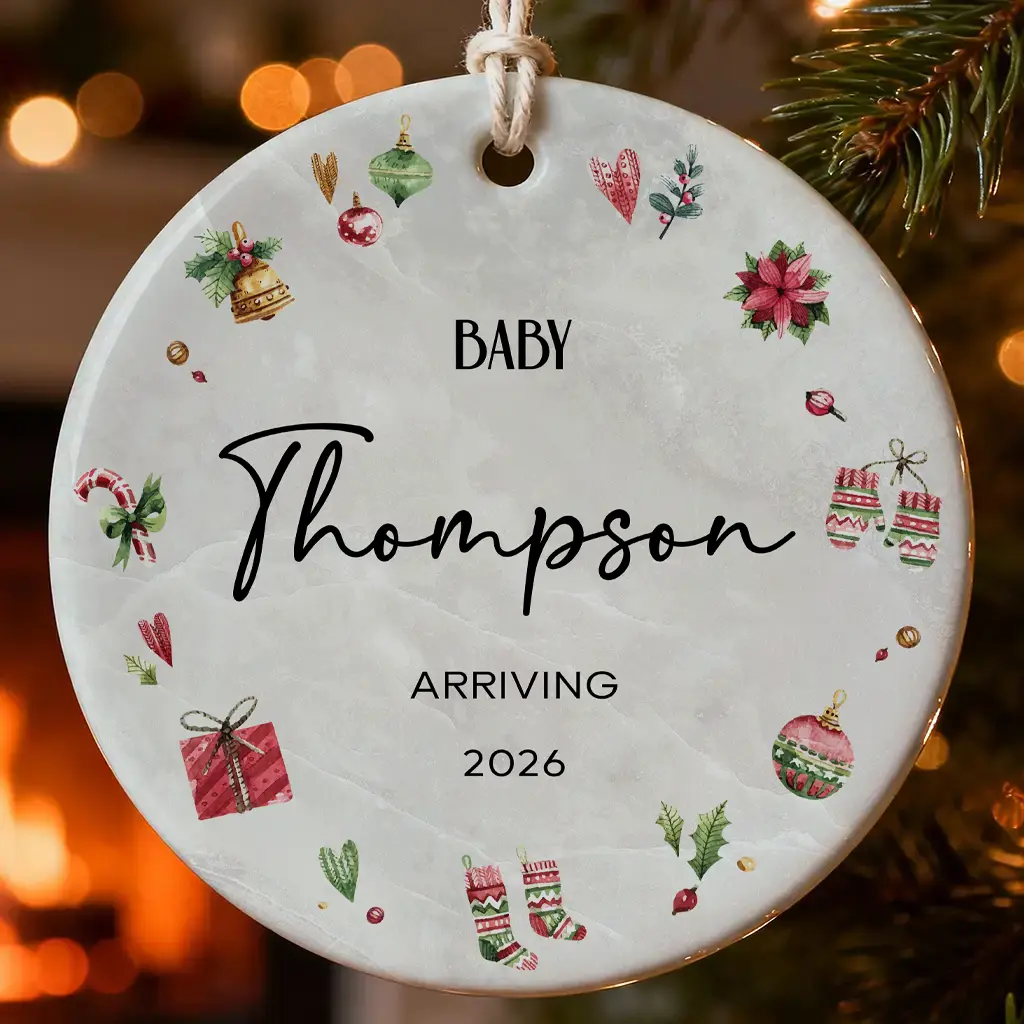 Personalized Baby Arriving 2026 Ornament, Christmas Pregnancy Announcement Keepsake, Custom Name Holiday Reveal Gift, Ceramic Decor
