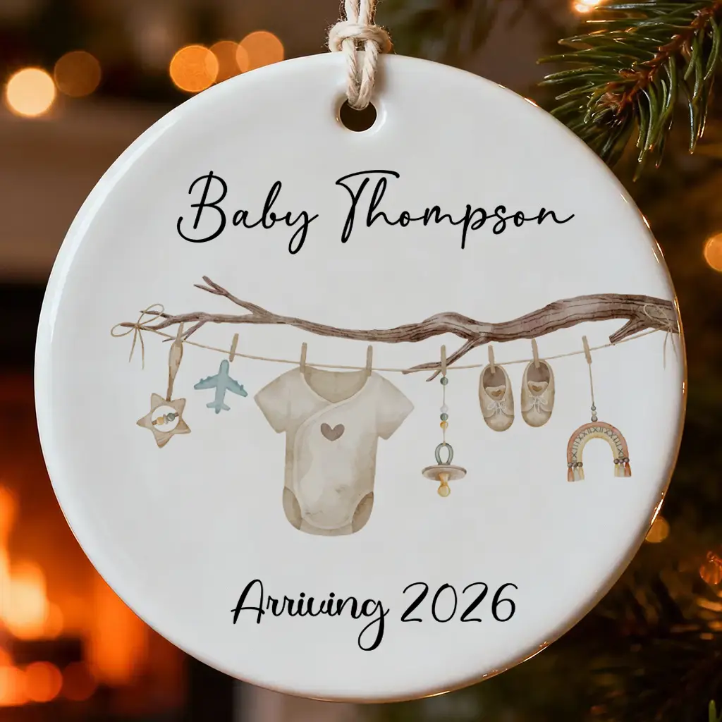 Personalized Baby Clothesline Ornament 2026, Pregnancy Announcement Keepsake, Custom Name Baby On The Way Gift, Ceramic Nursery Decor