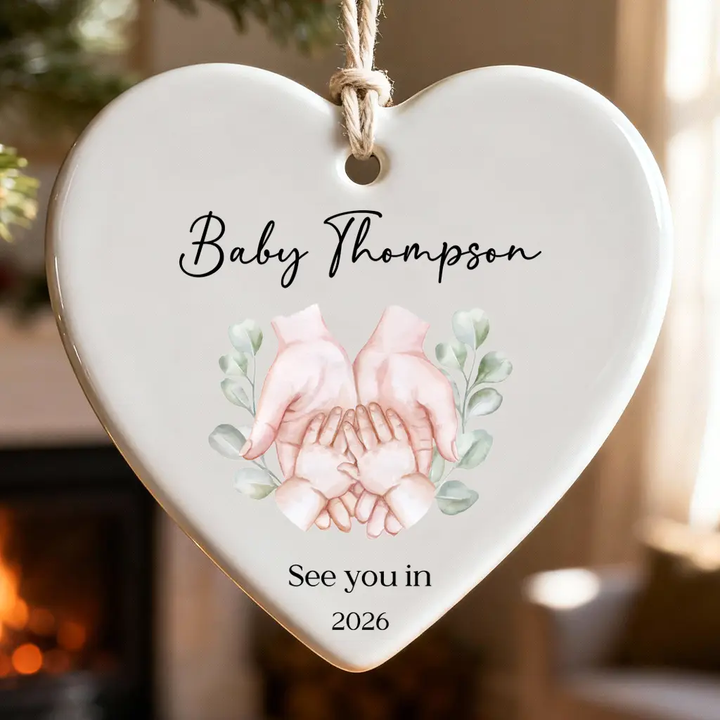 Personalized Baby Hands Heart Ornament 2026, See You In Keepsake, Custom Name Pregnancy Announcement Gift, Ceramic Nursery Decor