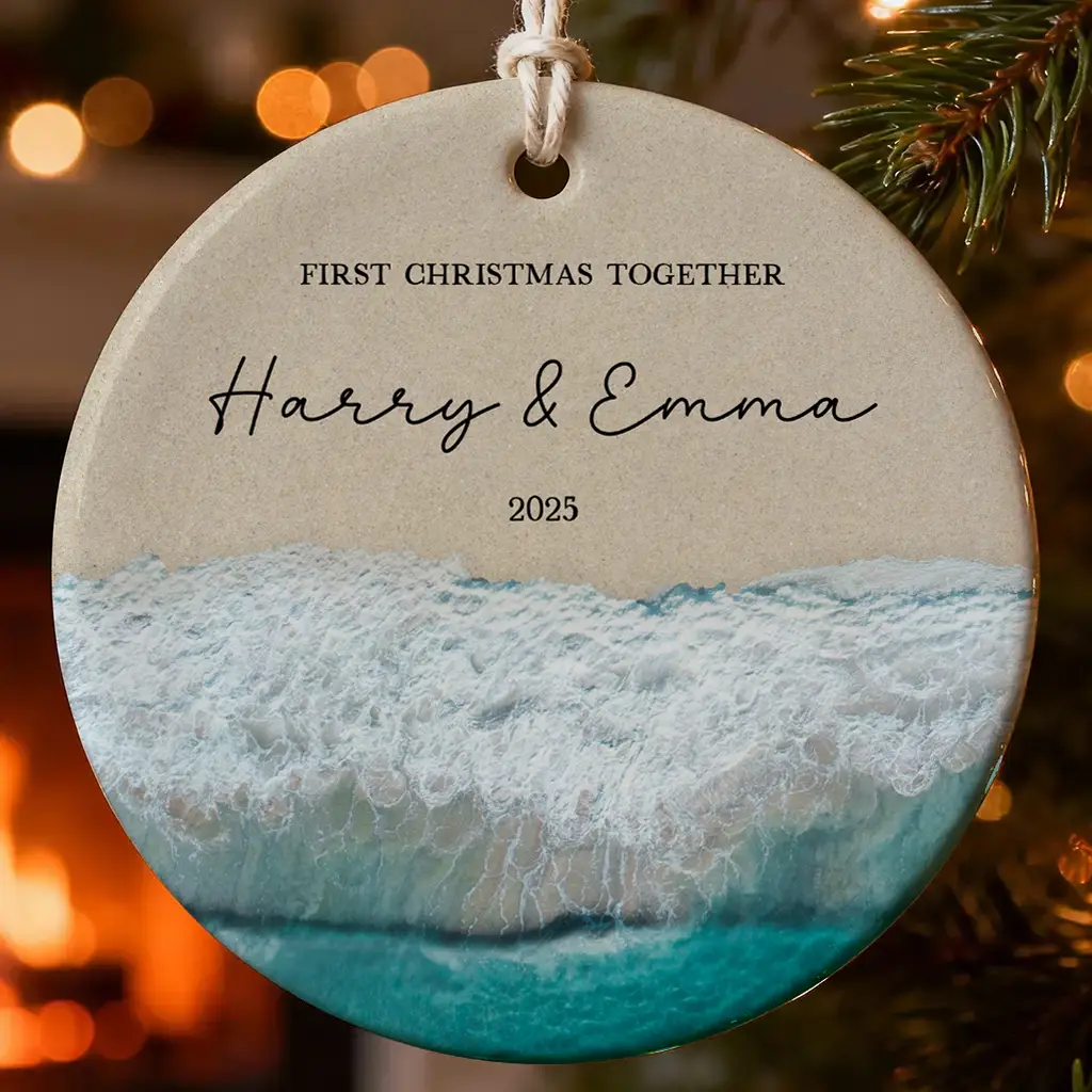 Personalized Beach Ornament 2025, Our First Christmas Together Keepsake, Ocean Waves Couple Gift, Tropical Christmas Decor