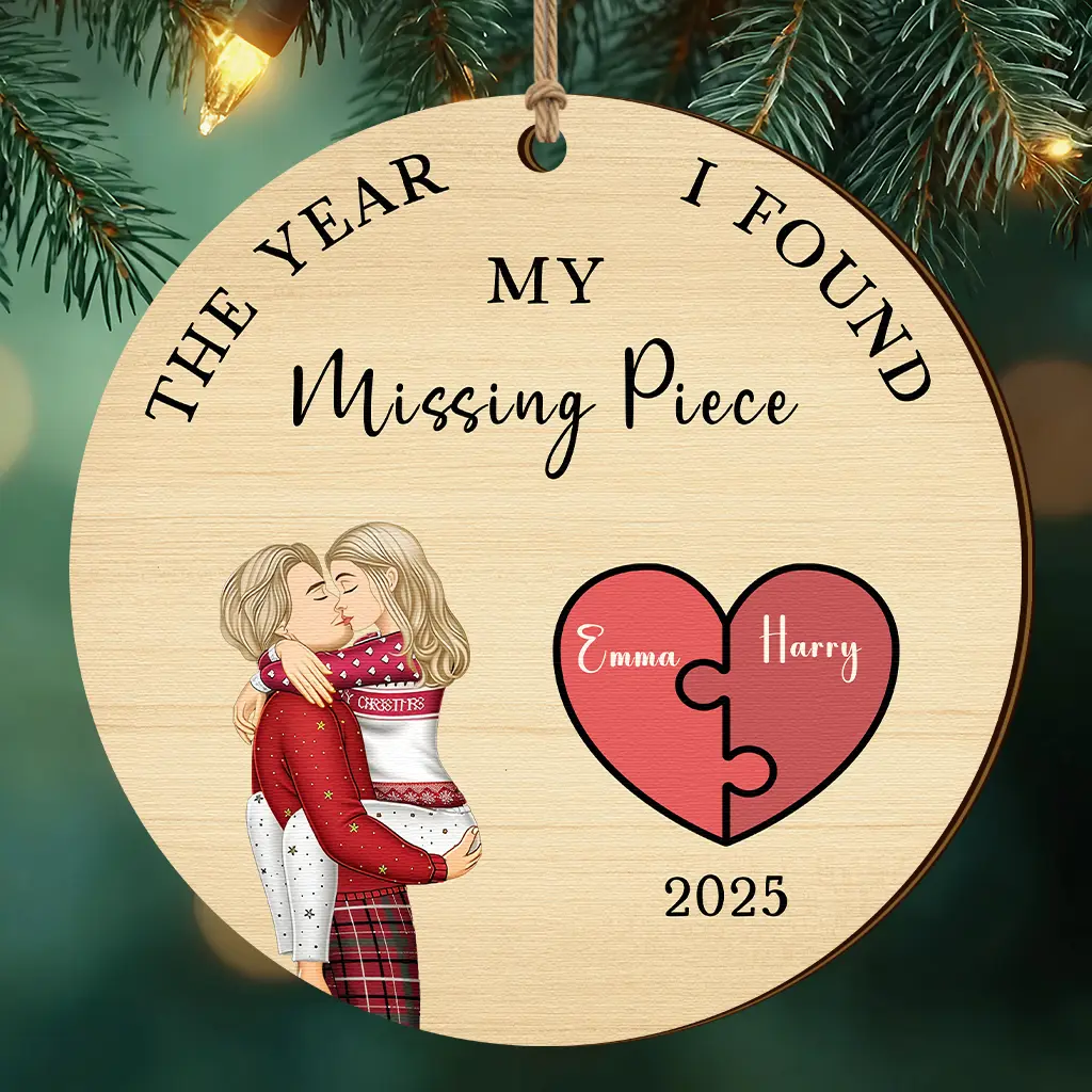 Personalized Couple Name Christmas Ornament | “The Year I Found My Missing Piece” Keepsake | Round Wooden Relationship Gift