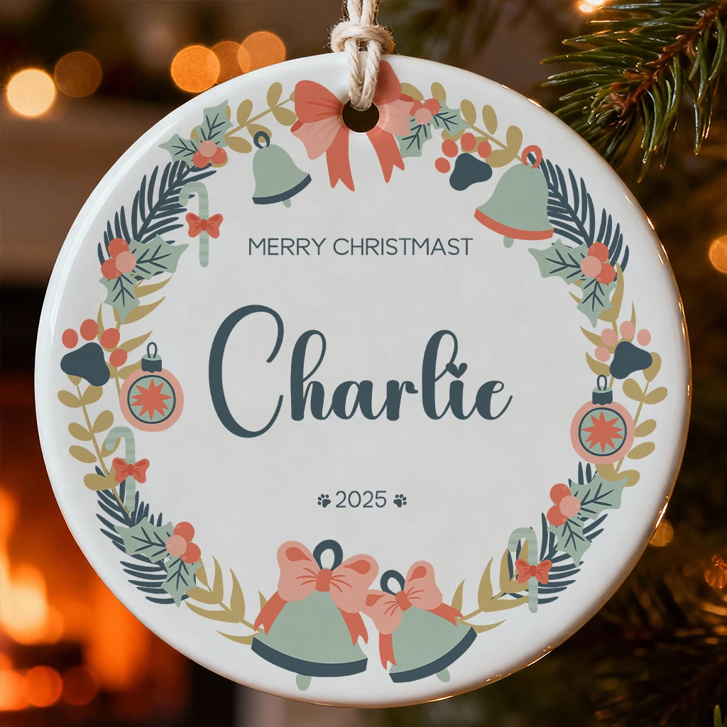 Personalized Dog Name Wreath Ceramic Ornament | Custom Pet Christmas Keepsake for 2025 | Perfect for Dog Lovers