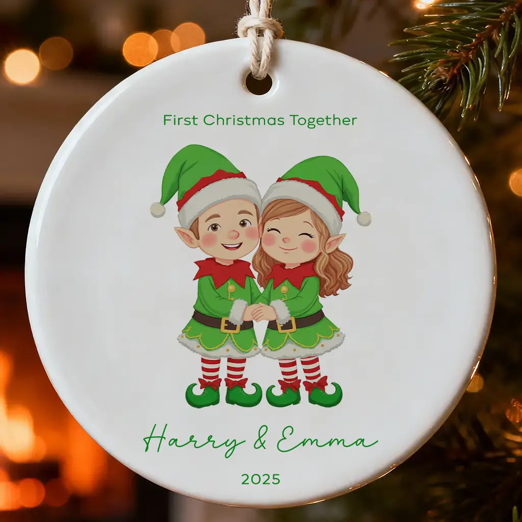 Personalized Elf Couple Ornament 2025, Our First Christmas Together Keepsake, Custom Elf Figurine Gift, Funny Couple Christmas Ornament