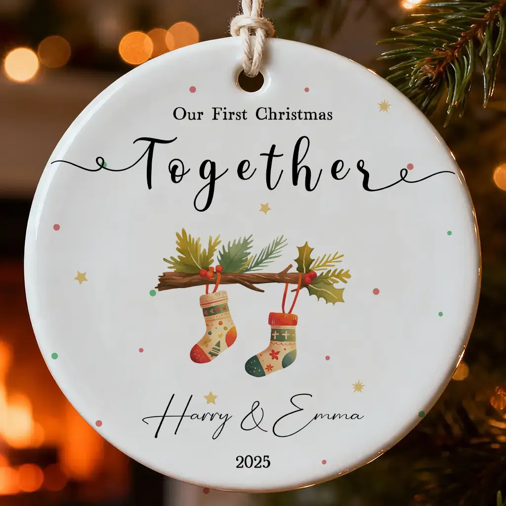 Personalized Engaged Couple Ornament | Fiance Christmas Keepsake Gift | Custom Name & Year Ceramic Tag
