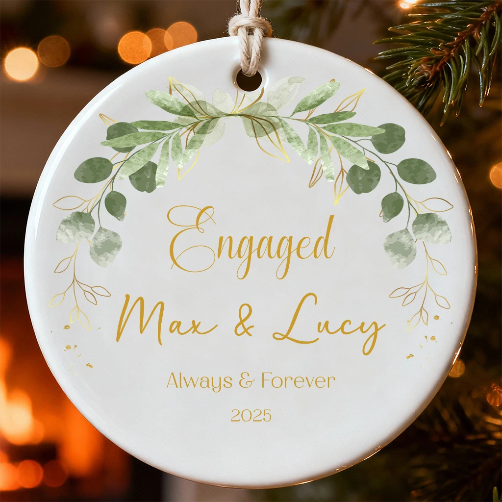 Personalized Gold Engagement Ornament | Custom Names & Date Keepsake | Greenery Christmas Gift 2025