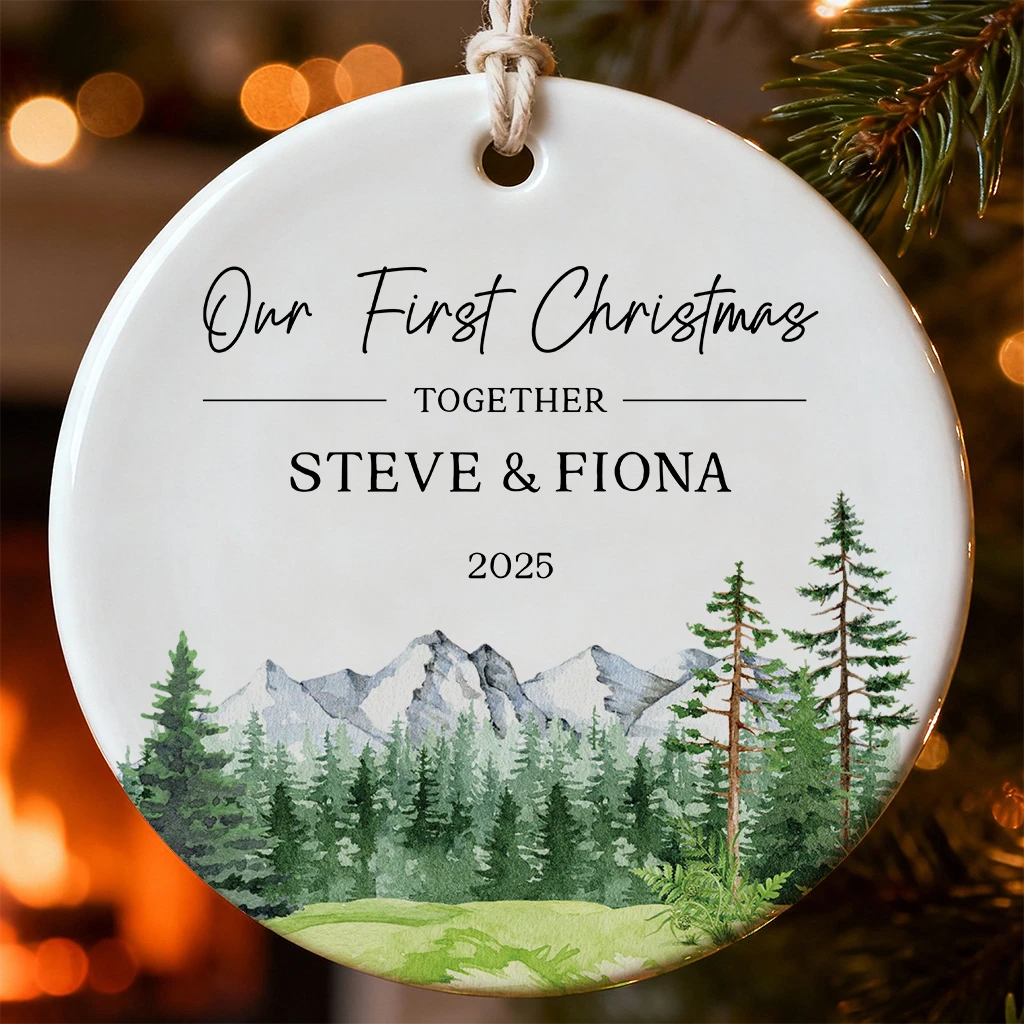 Personalized Mountain Forest Keepsake | Couple’s Name Ceramic Gift | Nature Lover 2025 Ornament