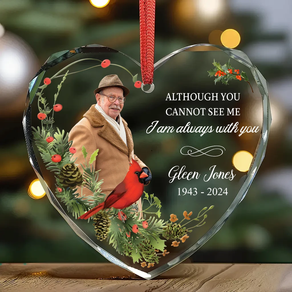 Personalized Photo Memorial Ornament | Custom Name & Year Heart Keepsake | Cardinal Sympathy Gift