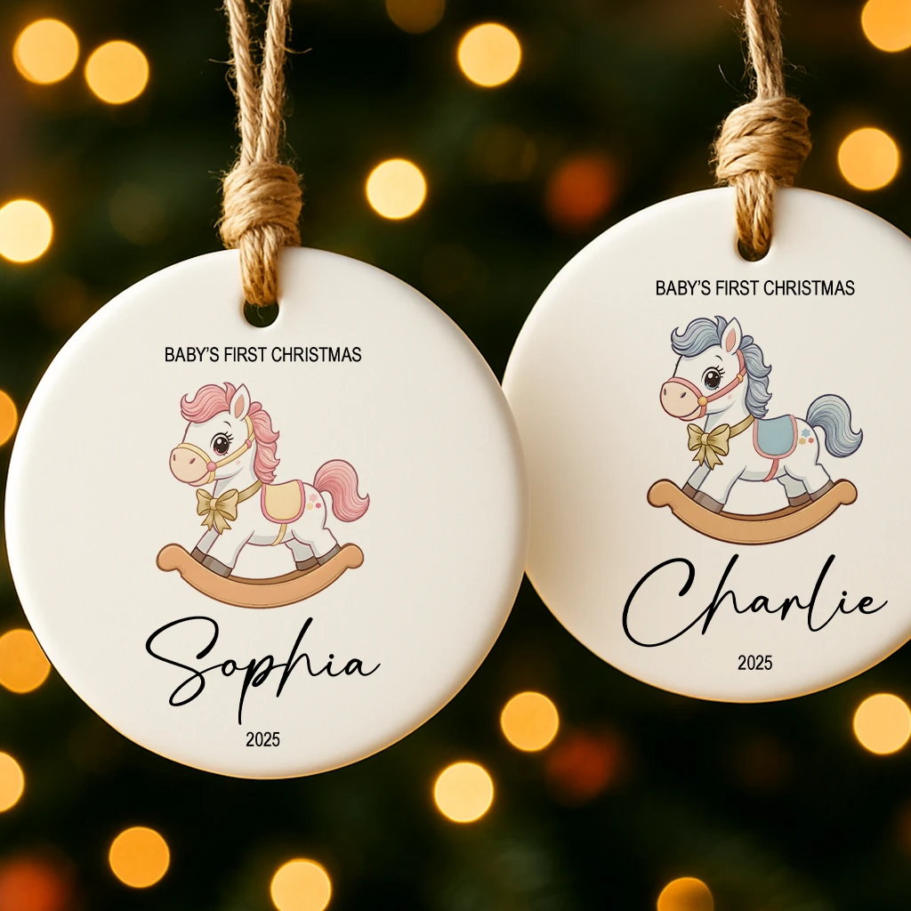 Personalized Porcelain Rocking Horse Baby’s First Christmas Keepsake | Custom Name and 2025 Ornament | Elegant Baby Girl Heirloom Gift