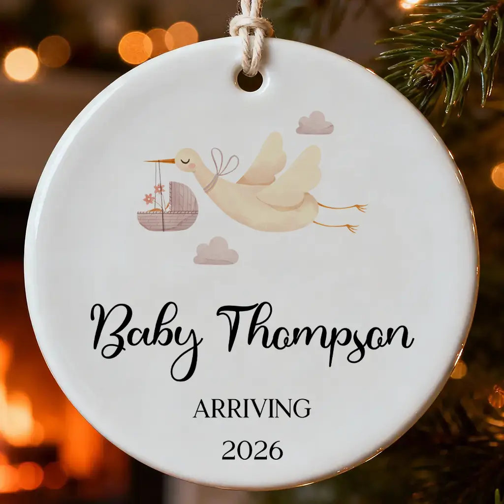 Personalized Stork Baby Announcement Ornament 2026, Custom Name Arriving Keepsake, First Christmas Pregnant Gift, Ceramic Nursery Decor