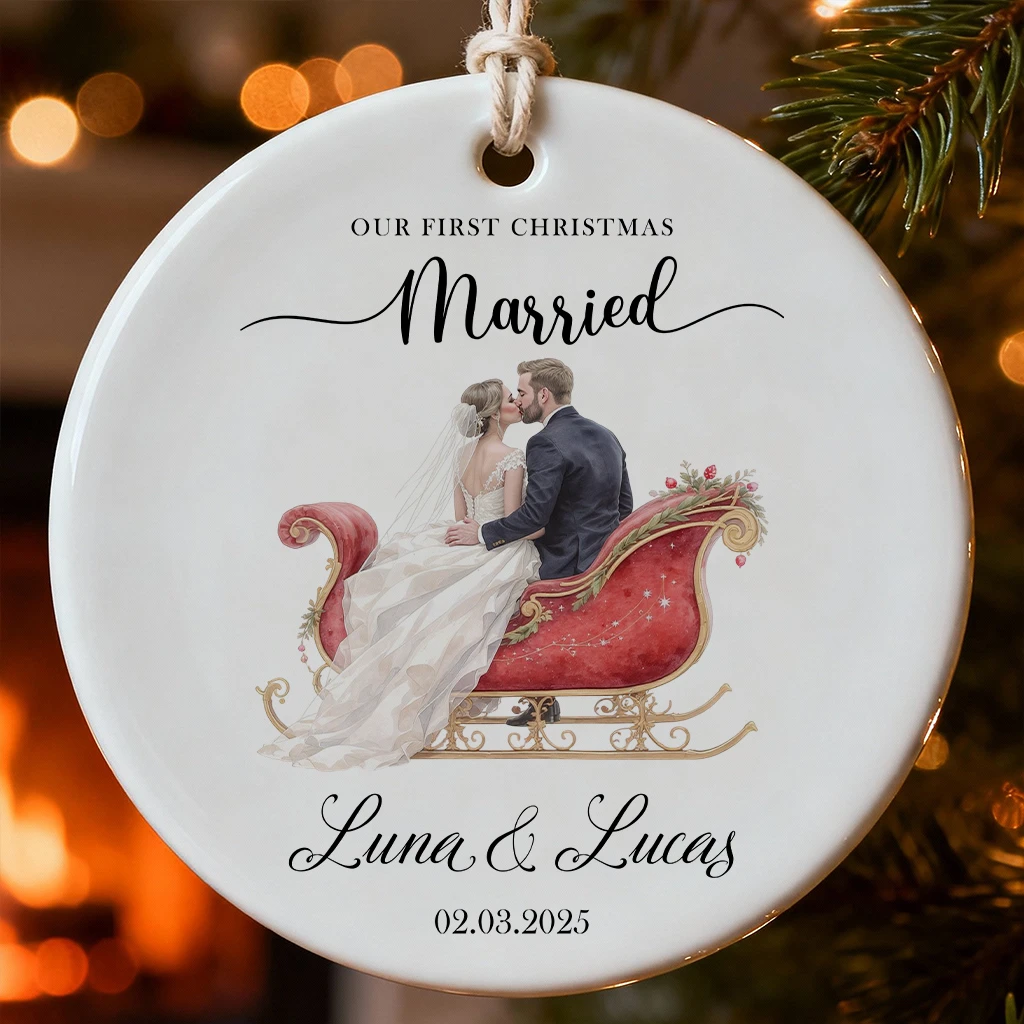 Personalized Wedding Sleigh Ornament | Romantic First Christmas Keepsake 2025 | Unique For Couples