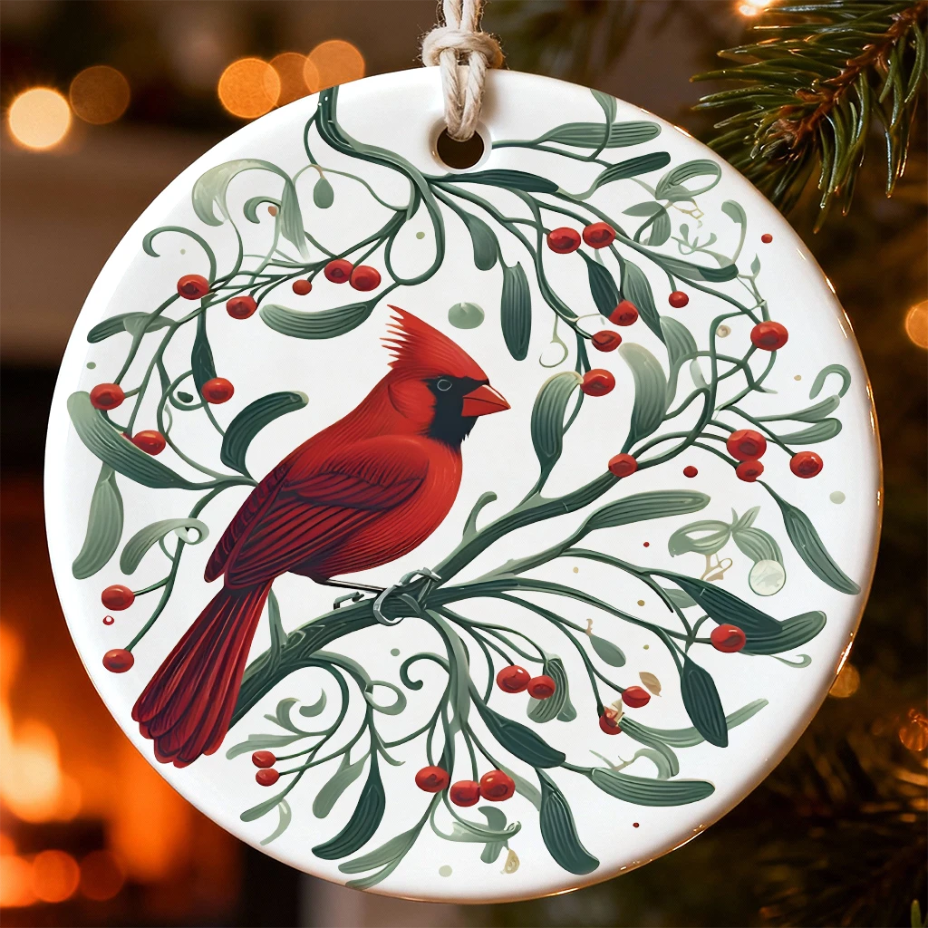 Red Cardinal Christmas Ornament 2025 | Mistletoe Berry Bird Ceramic Disc | Winter Tree Decor | Bird Lover Gift