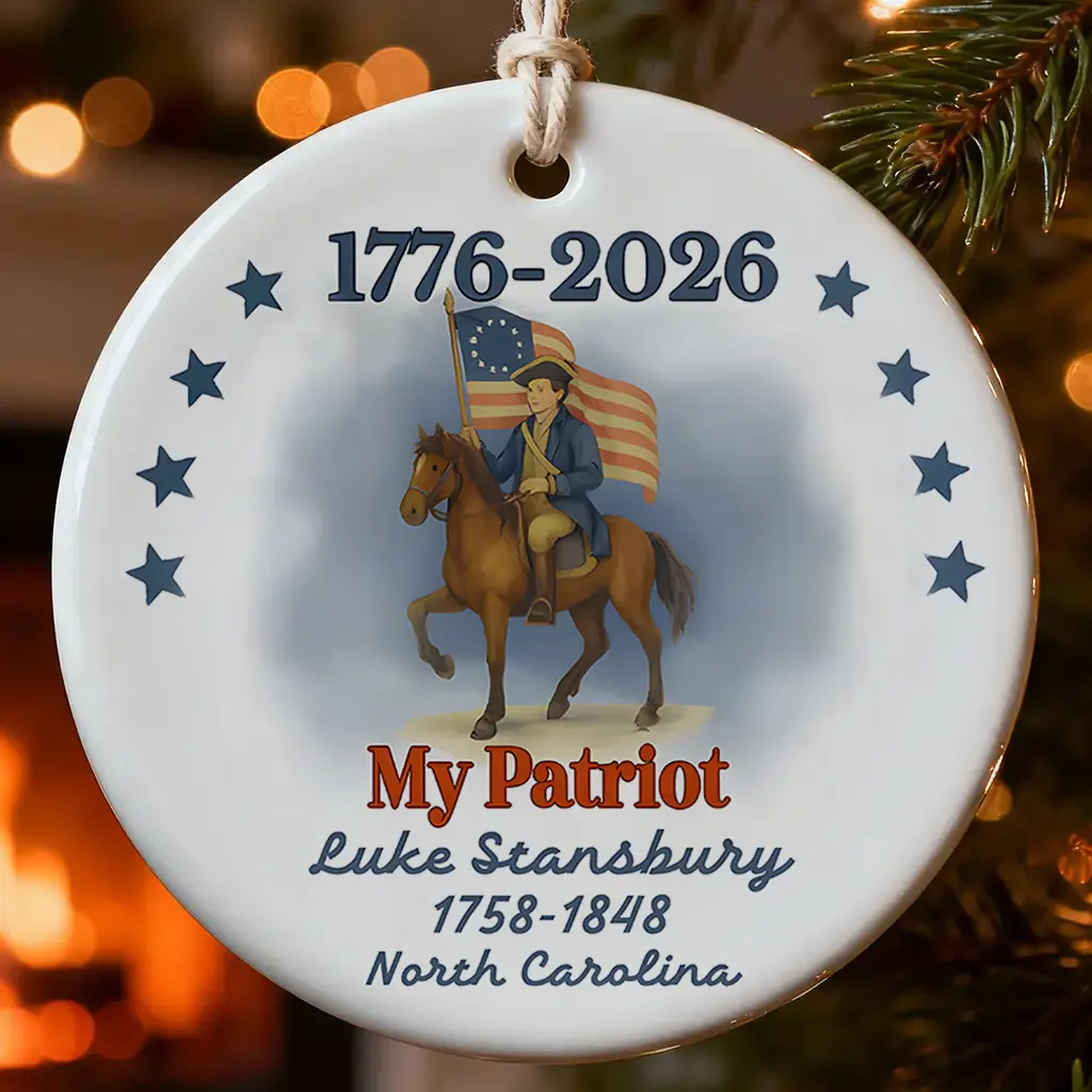 Revolutionary War Patriot Ceramic Ornament | America 250 Commemorative 1776–2026 | Historic Horseback Flag Design