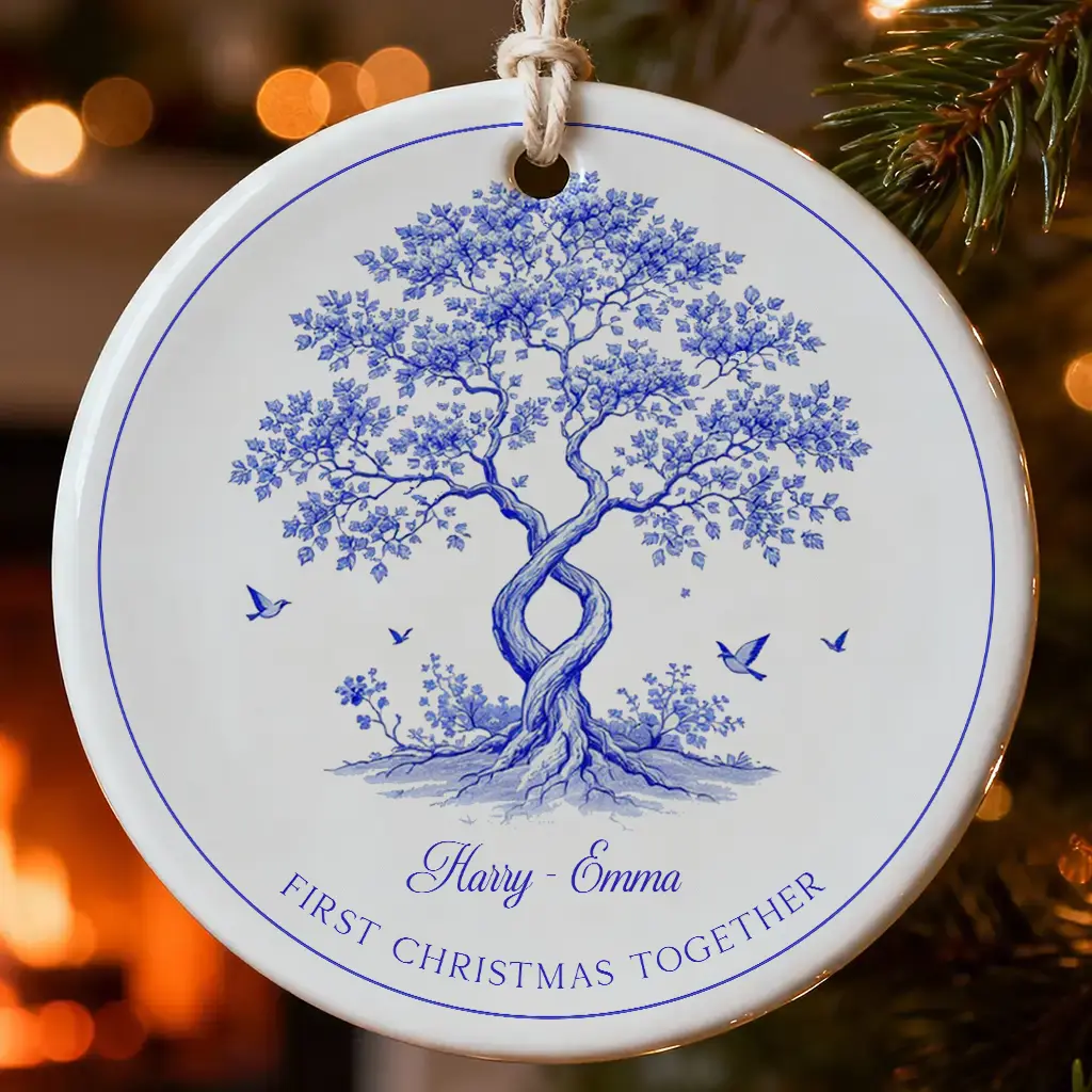 Romantic Toile Love Tree Engaged Ornament, Personalized Blue & White Couple Gift, First Christmas Keepsake, Custom Ceramic Tree Decor 2025