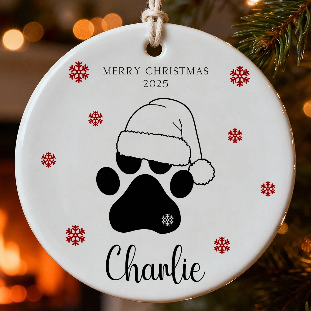 White Ceramic Cat Paw Print Ornament | Custom Christmas Gift for Cat Parents