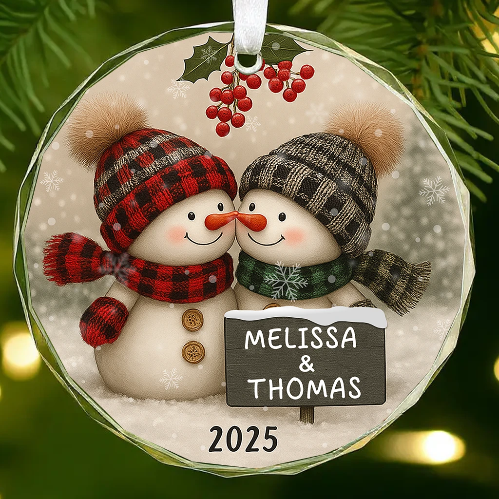 Winter Snowman Couple Ornament | Plaid Hat and Scarf Christmas Decoration | Personalized Holiday Gift