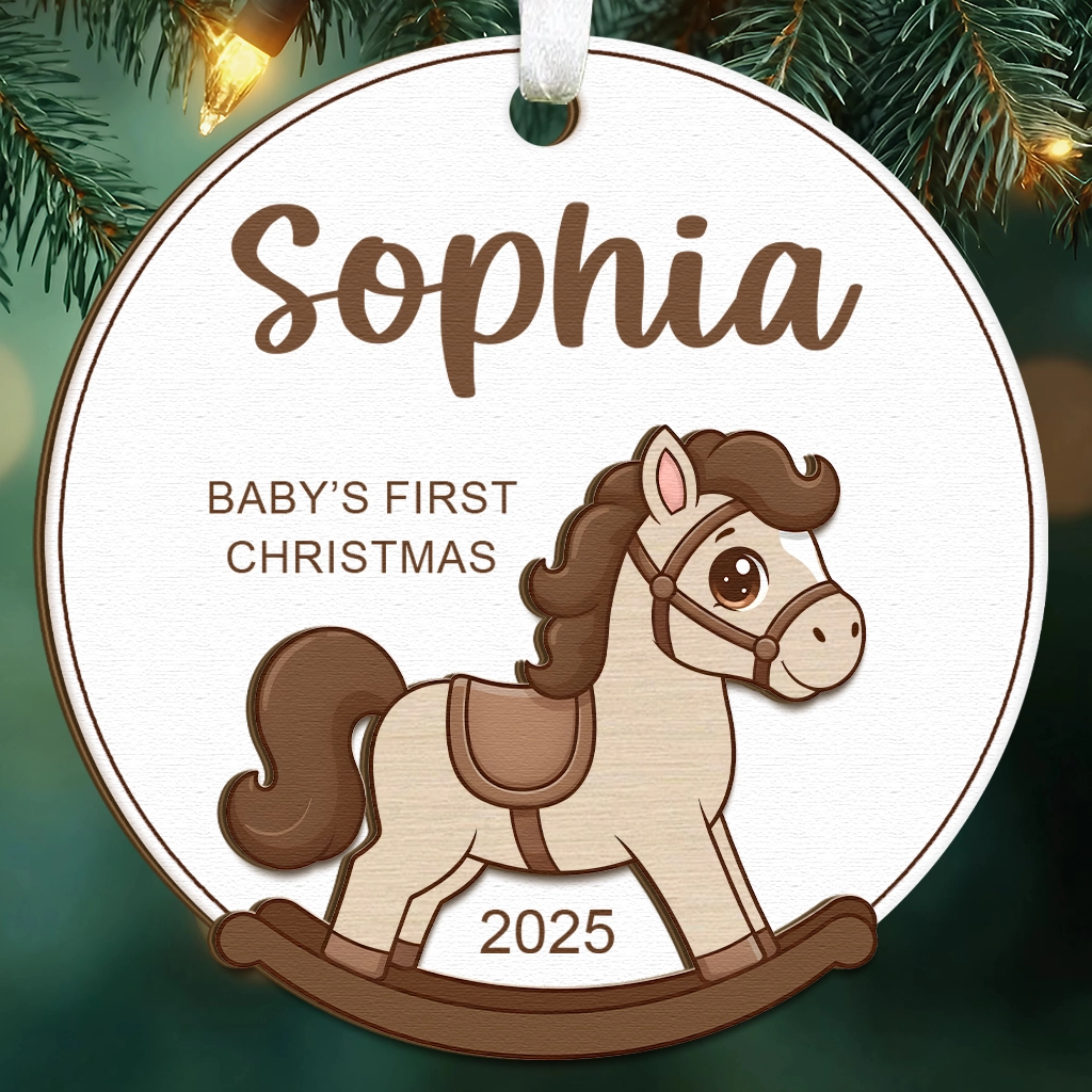 Wooden Rocking Horse Baby Ornament 2025 | Personalized Engraved Name Christmas Decor | Rustic Nursery Keepsake | First Year Bauble