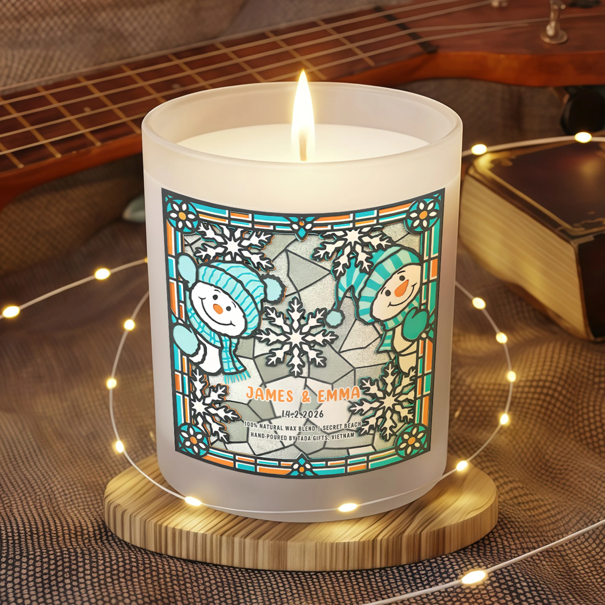 Personalized Snowman Stained Glass Candle – Valentines Gift for Him, Valentines Gift for Husband, Valentines Day Gift for Couple