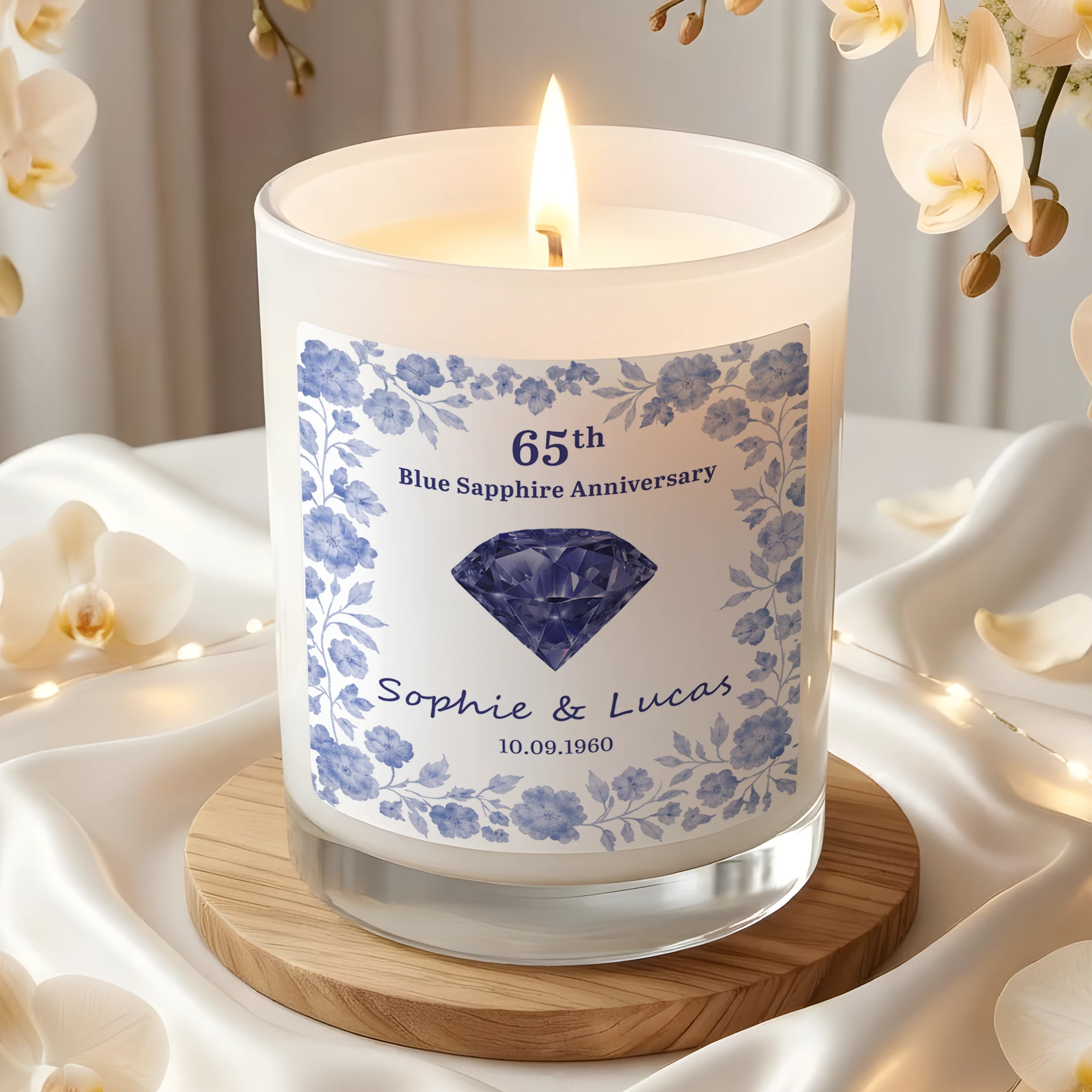 65th Wedding Anniversary Gift, Personalized Blue Sapphire Anniversary Candle, Custom 65 Years Together Gift for Parents or Grandparents