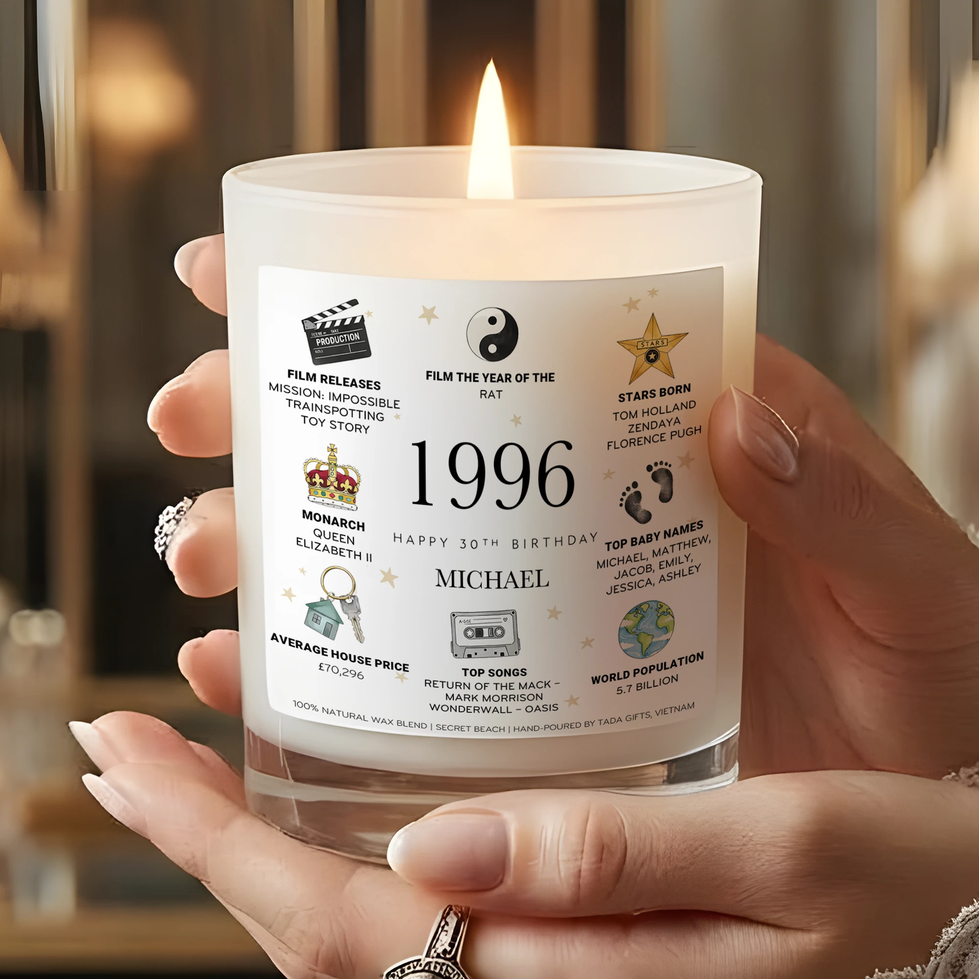 Personalized 1996 Birthday Candle for Him, Custom Name 30th Birthday Gift, Unique Gift for Brother, Husband, Friend, 1996 Year You Were Born