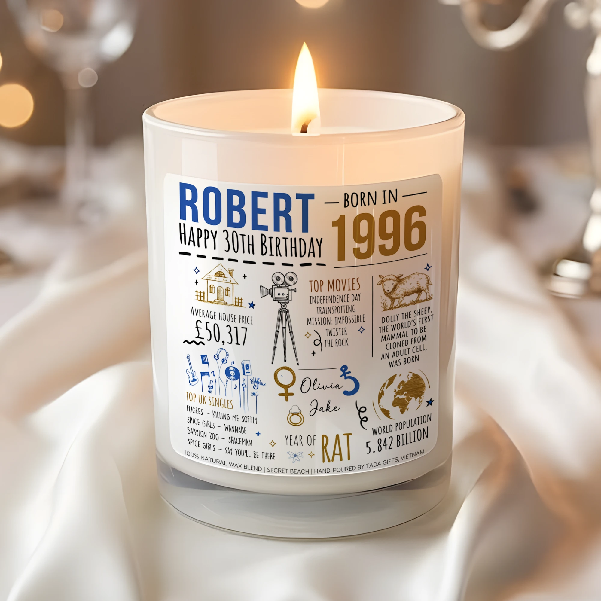Personalized 30th Birthday Gift for Him – 1996 Birthday Candle – Custom Name Born Gifts – Milestone Birthday Present for Brother, Husband