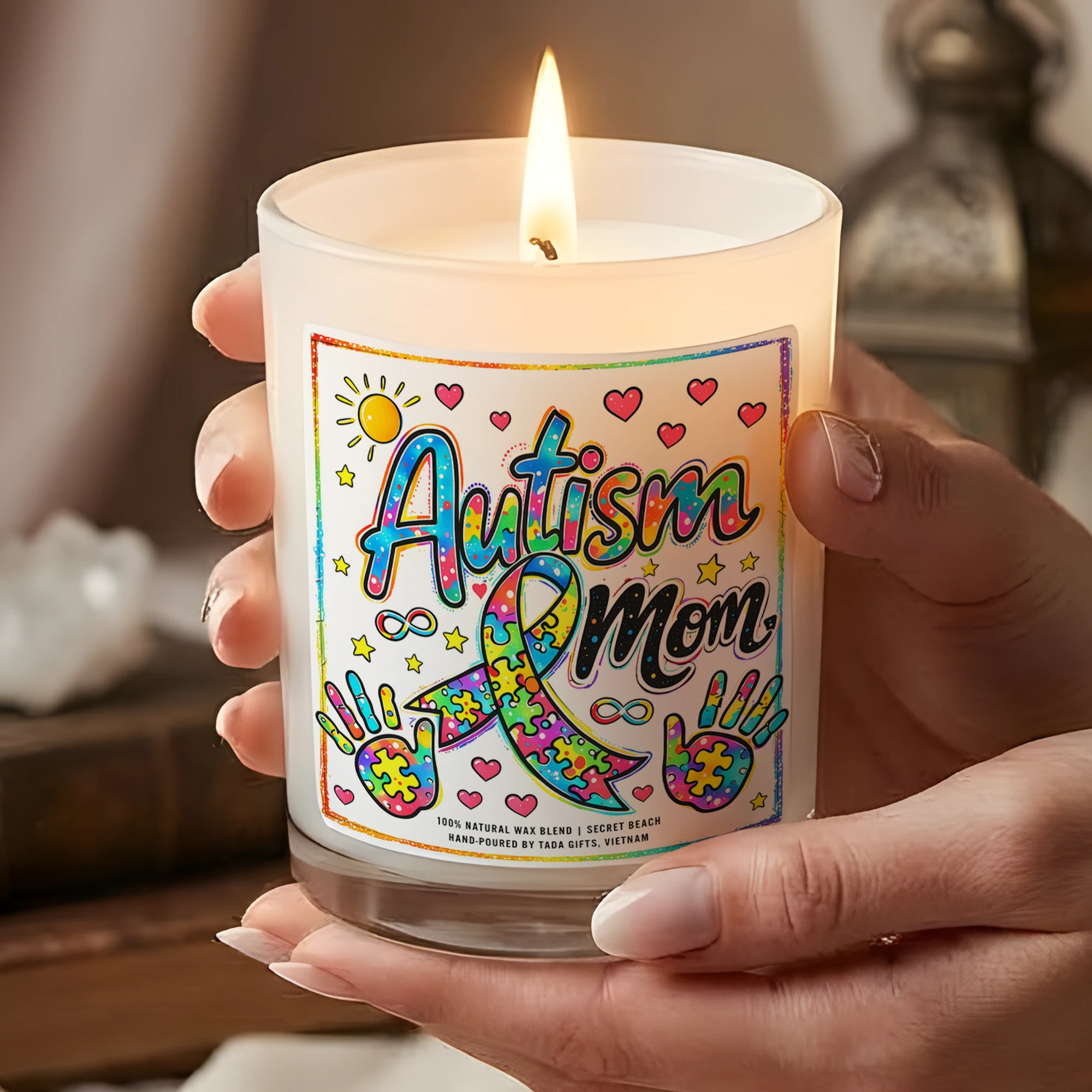 Autism Mom Candle – Neurodiversity Pride Gift, Puzzle Ribbon Soy Candle, Autism Awareness Mother’s Day Gift, Sensory Friendly Scent, Hand-Poured Candle for Special Needs Mom, Support & Love Keepsake
