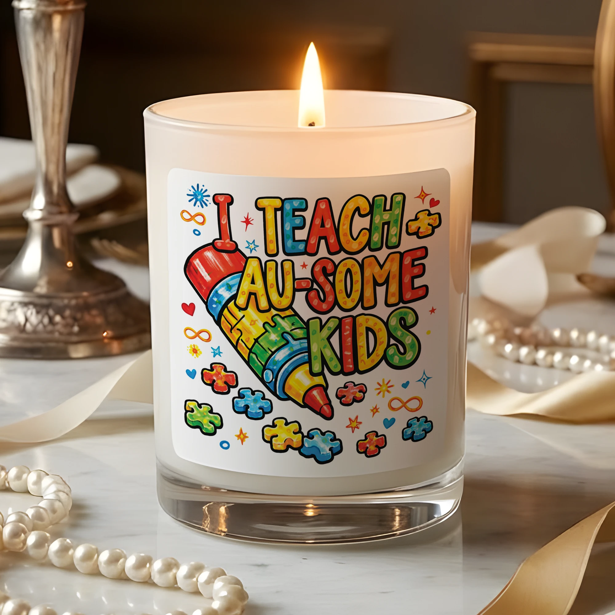 I Teach Au-some Kids Candle – Special Education Teacher Gift, SPED Teacher Appreciation, Autism Awareness Classroom Decor, Neurodiversity Support Soy Candle, Unique Gift for Teachers, Hand-Poured Wax