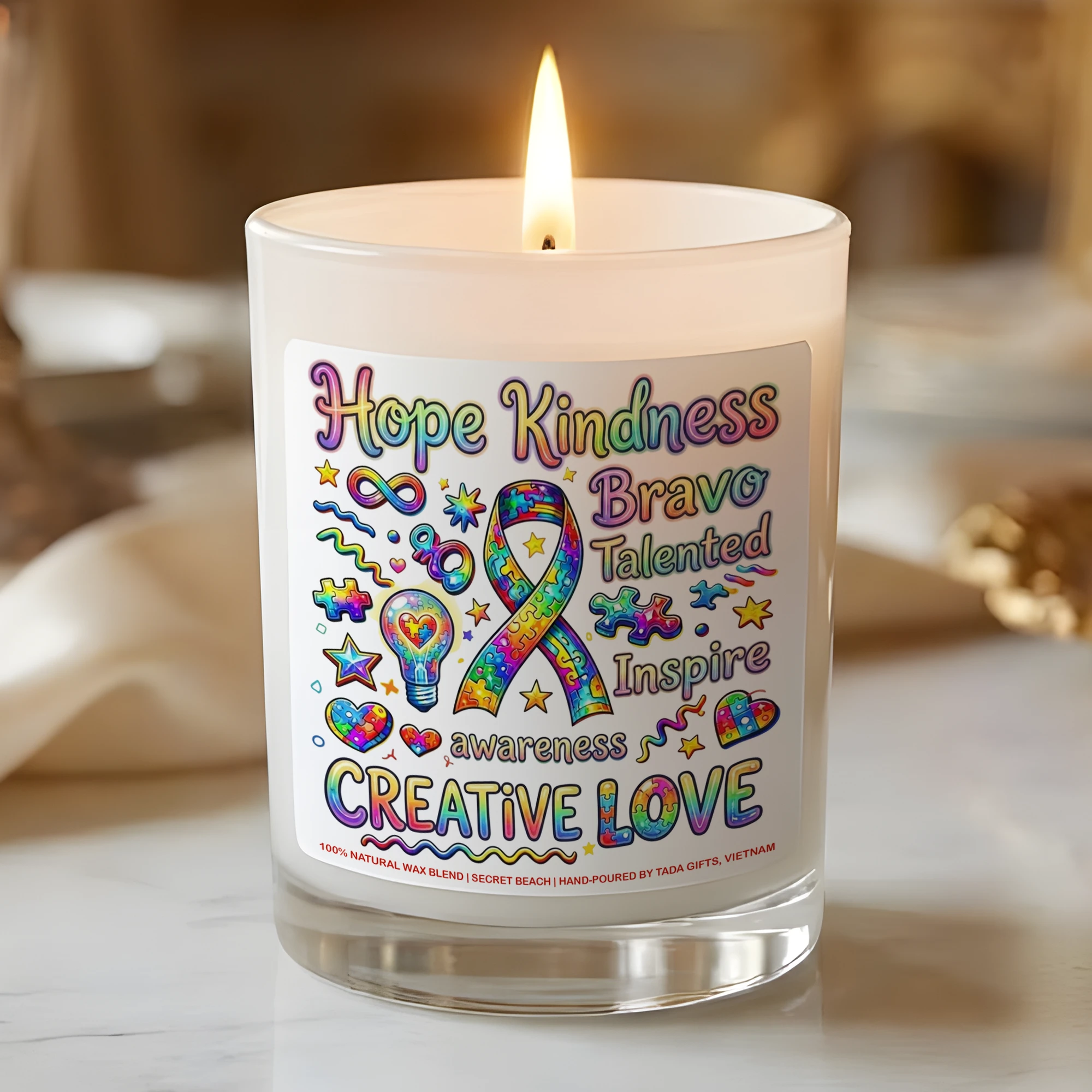 Autism Awareness Candle – Creative Love Gift for Special Needs Teachers, Neurodiversity Support Soy Candle, Puzzle Ribbon Decor, Hope Kindness Inspire Gift, Neurodivergent Pride, Hand-Poured Wax Melt