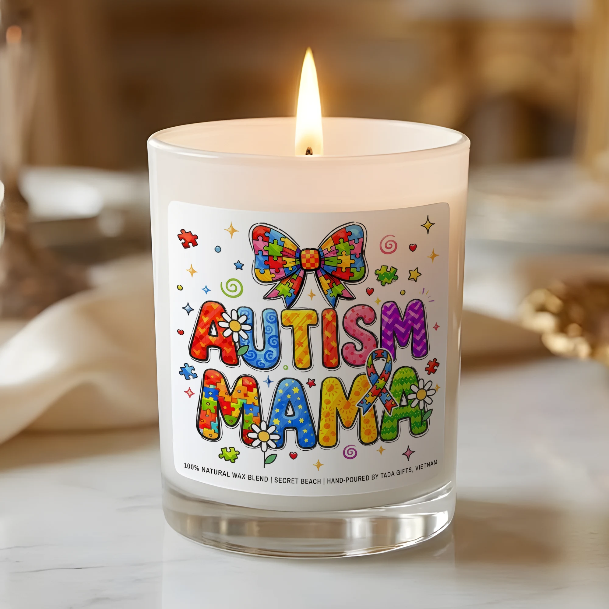 Autism Mama Candle – Colorful Bow & Floral Puzzle Design, Neurodiversity Pride Gift, Personalized Mother’s Day Candle, Autism Awareness Mama Gift, Hand-Poured Soy Wax, Support & Inclusion Keepsake