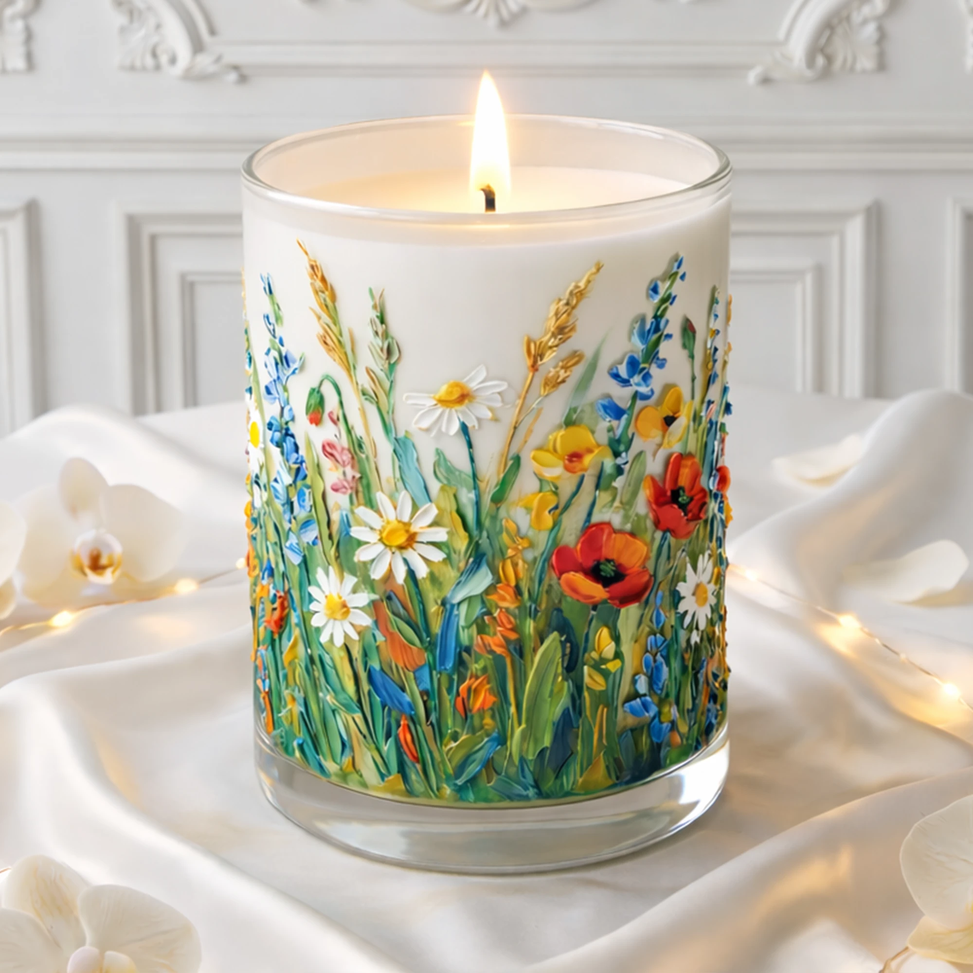 Hand-Painted Wildflower Candle – 3D Textured Floral Art Candle – Impasto Oil Paint Style Floral Jar – Spring Home Decor – Aesthetic Flower Candle Gift for Her – Birthday or Housewarming Gift