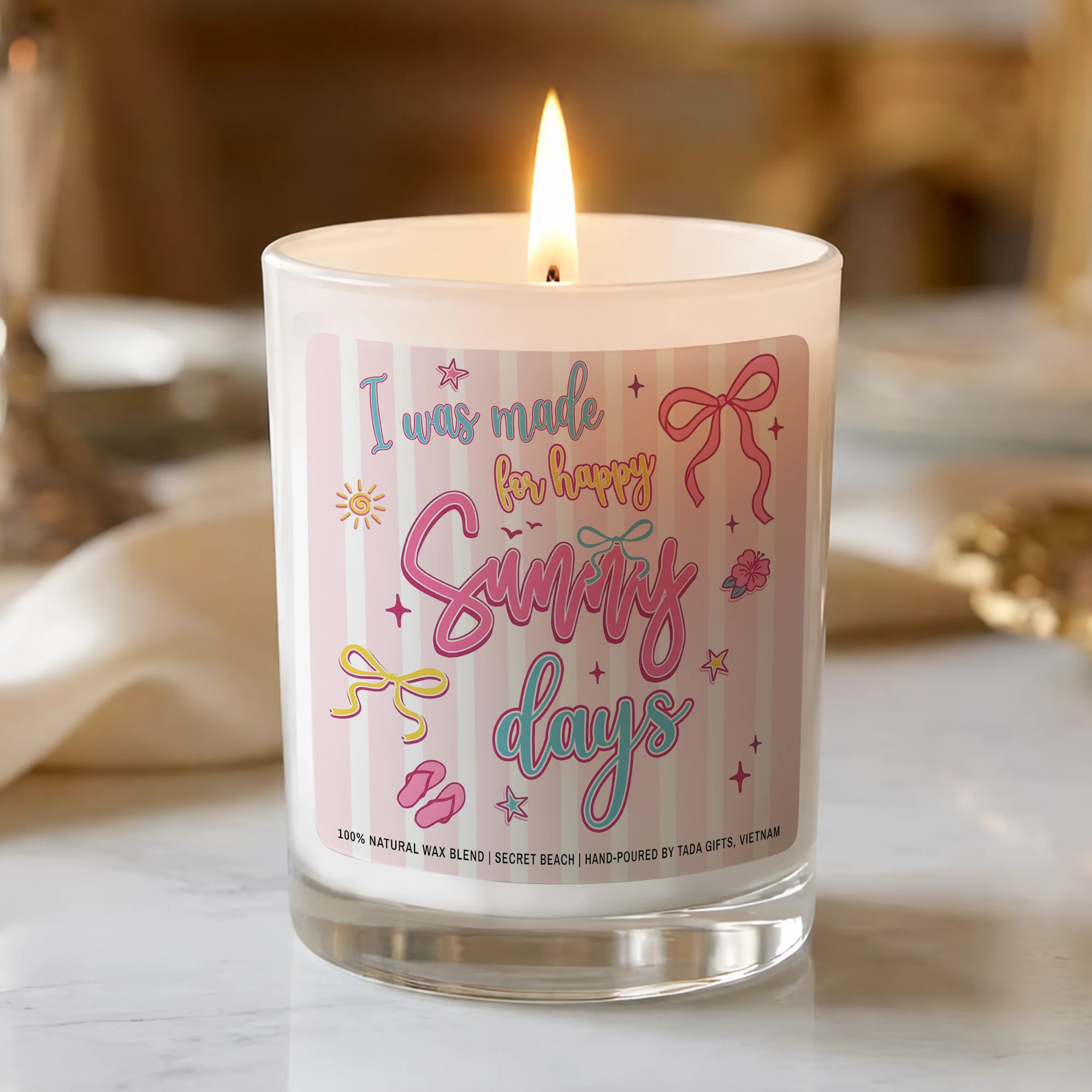 Coquette Aesthetic Summer Candle – Pink Stripes Happy Sunny Days Candle – Cute Bow & Sun Gift for Her – Girly Bedroom Decor – Scented Soy Candle