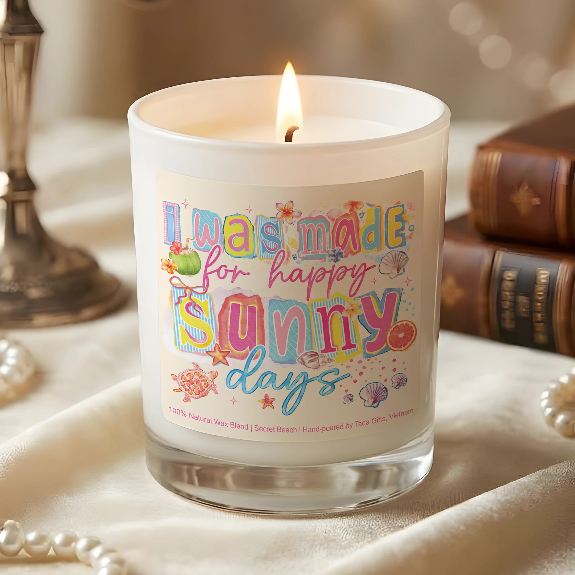 Colorful Summer Doodle Candle – Secret Beach Scented Soy Wax – Hand-Poured Tropical Home Decor – Happy Sunny Days Gift for Her – Aesthetic Beach House Candle