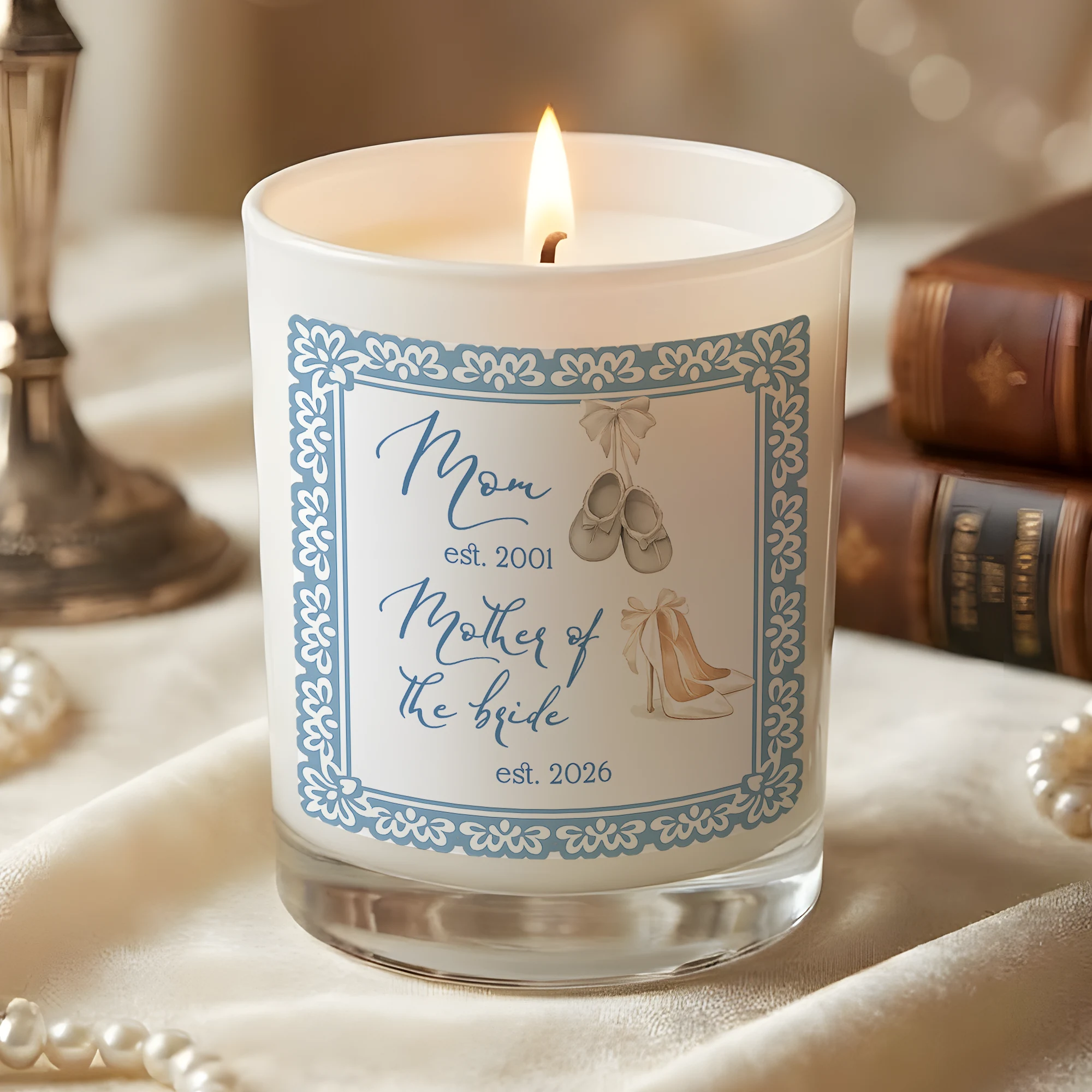 Mother of the Bride Gift Candle, Custom Est. 2001 to 2026, Elegant Chinoiserie Wedding Keepsake for Mom, Something Blue, Luxury Soy Candle