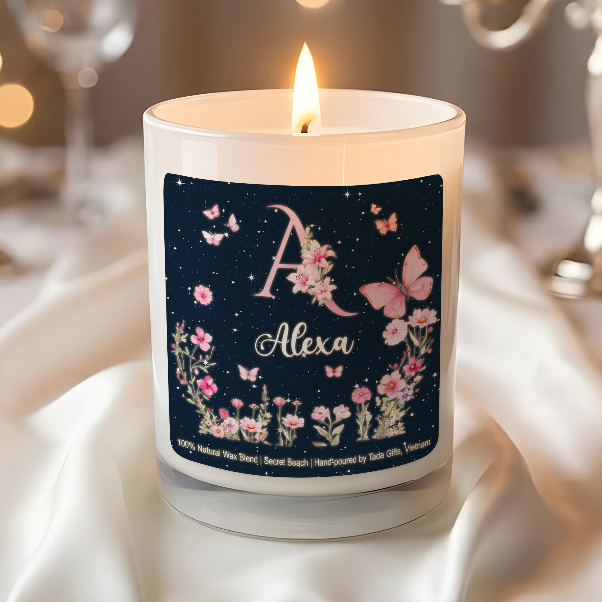 Personalized Name Candle – Custom Initial Floral Candle – Gift for Alexa – Pink Butterfly & Flower Aesthetic Decor – Hand-Poured Soy Wax