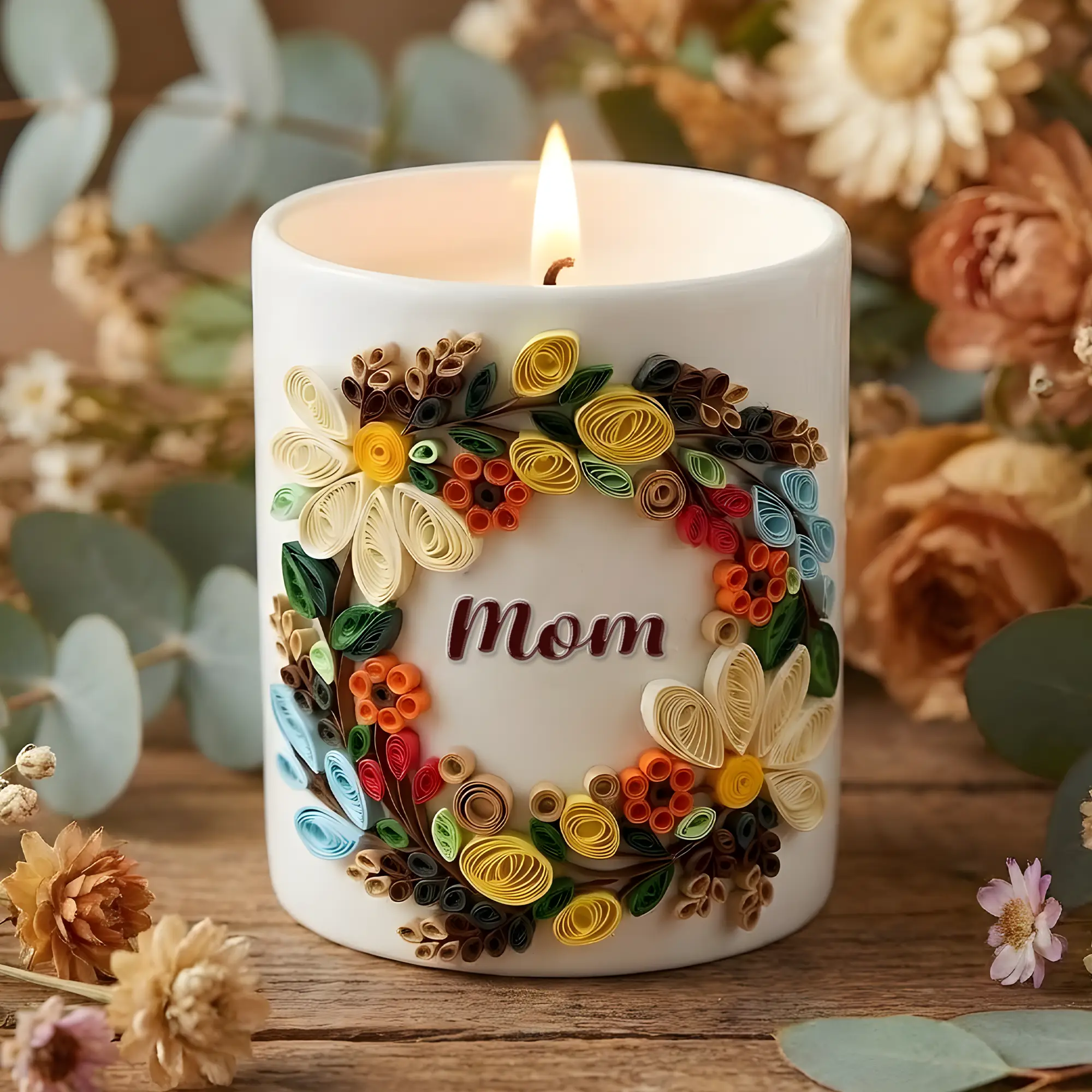 Quilling Art Mom Candle, 3D Paper Sculpture, Gifts for mom from daughter, Floral Home Decor, Mom Birthday Gift